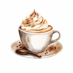 A Unique Cappuccino cup with cocoa dusting clipart, watercolor illustration clipart, isolated on white background