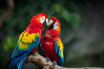 Obraz premium Colorful Macaws Parrots Sharing Affection, Bokeh Background