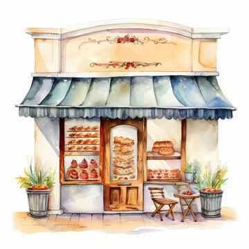 A Unique Bakery storefront with a sign clipart, watercolor illustration clipart, isolated on white background