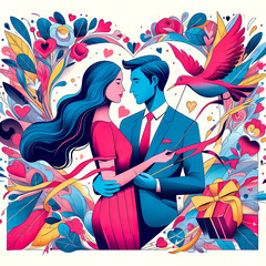 Valentine's Day Party Bliss: A lively vector illustration featuring a joyful couple surrounded by a floral pattern captures the essence of art, fashion, and fun in a colorful Valentine's Day scene.