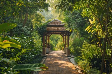 Garden Pathway with Tropical Foliage Under Wooden Pergola, Nature Walk