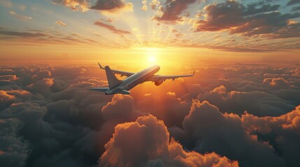 An airplane flies high above breathtaking sunset clouds, capturing the essence of modern air travel - obrazy, fototapety, plakaty