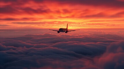 Fototapeta na wymiar An airplane flies high above breathtaking sunset clouds, capturing the essence of modern air travel