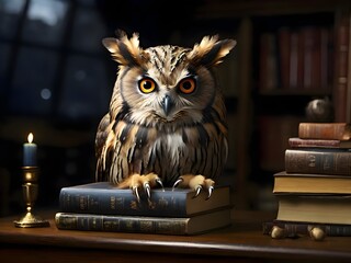 owl sitting on a stack of books