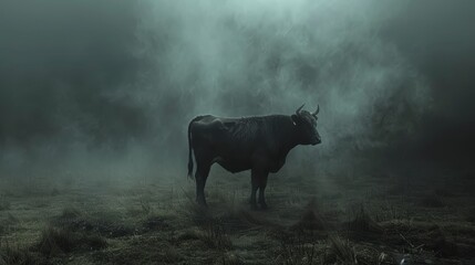   A black cow stands in a foggy field's center, illuminated by a yellow light before its face - obrazy, fototapety, plakaty