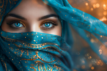 A beautiful woman with blue eyes and a scarf.