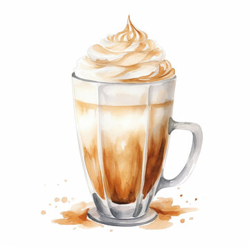 A Unique Latte glass with frothy milk clipart, watercolor illustration clipart, isolated on white background