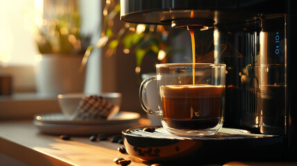 Cozy Morning Coffee Routine with Modern Espresso Coffeemaker Machine and Warm Sunlight. - obrazy, fototapety, plakaty