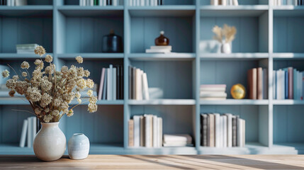Detail shot of a built-in bookcase filled with books in a home library, modern interior design, scandinavian style hyperrealistic photography