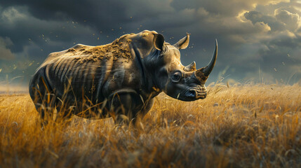 Majestic black rhinoceros roaming the African