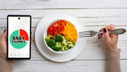 Calorie Checking from the Mobile phone while eating vegetables. Healthy eating, obesity and healthy lifestyle concept.