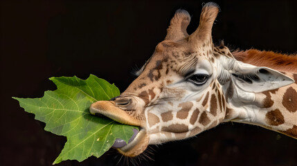 A detailed image of a giraffe's tongue curling around a leaf, emphasizing the unique texture and length of its tongue.


