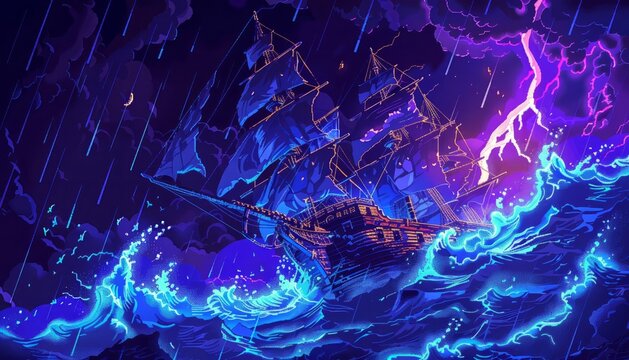A pirate ship sails through a stormy sea. The ship is being battered by waves and lightning. The sky is dark and the sea is rough. The ship is in danger of sinking.