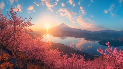 Panorama view of Mountain fuji in Japan during cherry blossom spring season. - obrazy, fototapety, plakaty