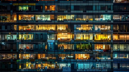 Glass curtain wall office building at night.