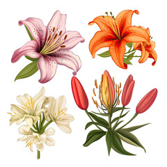 A beautiful collection of colorful flowers lilies with buds isolated on a white background