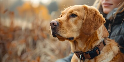 Golden Retriever Wearing GPS Enabled Collar Exploring Autumn Landscape with Owner