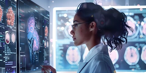 A woman in a lab is looking at a computer screen with a brain image