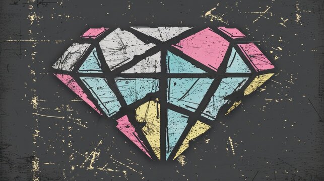   A black background bears a single diamond adorned with a pink, blue, and yellow center