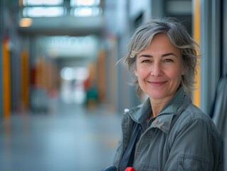 Obraz premium Smiling Confident Mature Cleaner Woman with Equipment in Blurred Modern Building Corridor