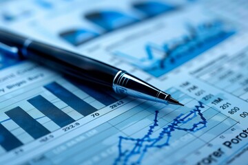 Close-up of a pen resting on detailed financial charts, representing analysis and business planning..