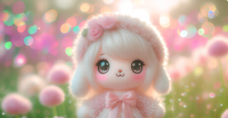 Fototapeta premium Lovely fluffy cute doll with copy space pastel color, baby doll