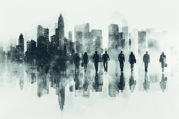 A monochromatic image of city dwellers walking with a reflective cityscape merging with the sky..