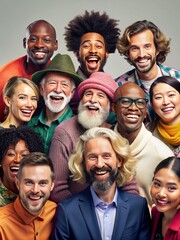A diverse group of happy laughing people of different nationalities in colorful clothes.