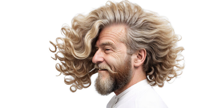 Happy Old Man with Colorful Curly Hair in Barbershop