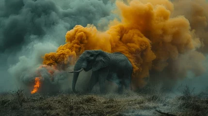 Fotobehang   An elephant in a field with smoke rising from its back © Shanti