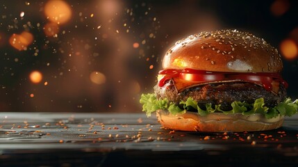 Burger with flying ingredients and spices food commercial advertisement menu banner with copy space...
