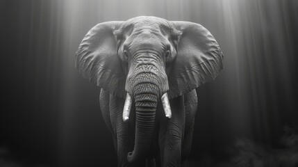   A black-and-white image of an elephant with light originating from behind its head and tusks - obrazy, fototapety, plakaty