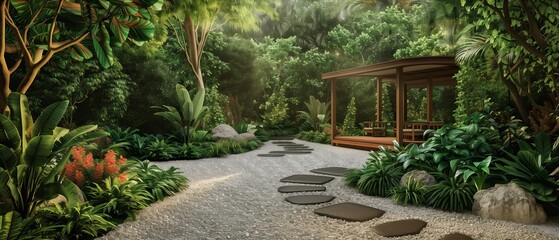 Obraz premium Luxury Poolside Oasis Surrounded by Tropical Plants and Modern Design