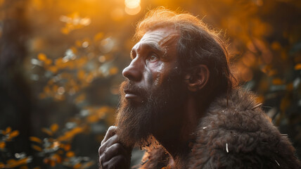 Portrait Neanderthalensis contemplative primitive Man with natural Backdrop, sunset light. - obrazy, fototapety, plakaty