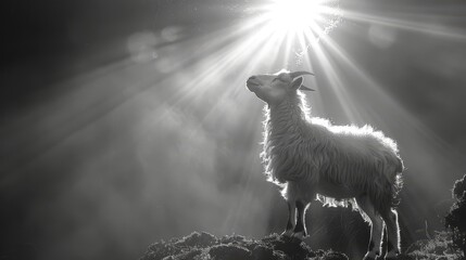 Obraz premium A goat silhouetted against a hill in a black-and-white image; sun shines through clouds behind, casting golden rays