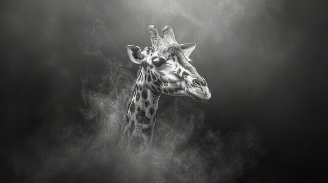   A monochrome image of a giraffe's head exhaling smoke