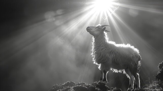   A goat silhouetted against a hill in a black-and-white image; sun shines through clouds behind, casting golden rays