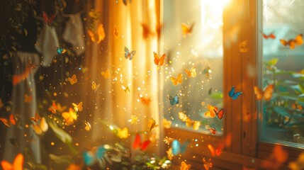   A room with a window, butterflies gathered on the sill, and a curtained window