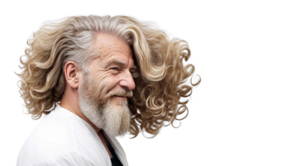 Happy Old Man with Curly Ombre Hairstyle in Barbershop