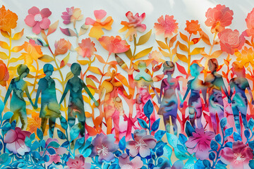 A series of stick figures, each cut from paper and set against a lush floral watercolor background, blending stark art with soft, vibrant colors