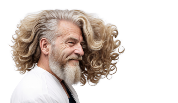 Happy Old Man with Curly Ombre Hairstyle in Barbershop