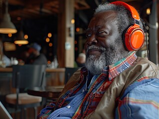 Man sitting in a restaurant using laptop and headphones
