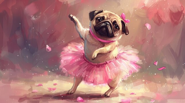 A little funny pug dances in a pink tutu. Cute cheerful dog ballet dancer. Female puppy posing. Art illustration style. Nice ballerina pup stands on its hind legs. Begs for a treat. Pet store concept.