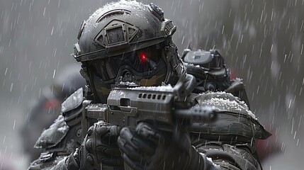 mech male warrior soldier in the rain