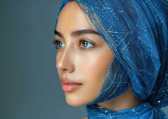 Woman wearing a blue head scarf