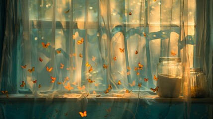   A window adorned with a curtained frame; butterflies delicately emerging, Jar on windowsill