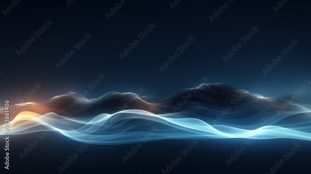 Poster abstract digital landscape or waves with flowing particles.