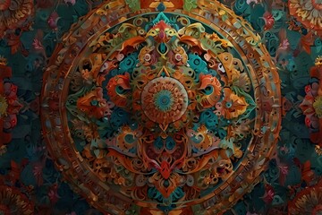 "Experience the fusion of Eastern and Western influences in a mandala art masterpiece, featuring intricate details and a digital, pixelated rendering."