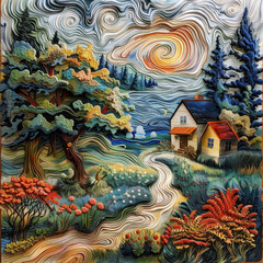 Surreal Acrylic Landscape with Wavy Textured Fields, Blooming Trees, and a Cozy Country House