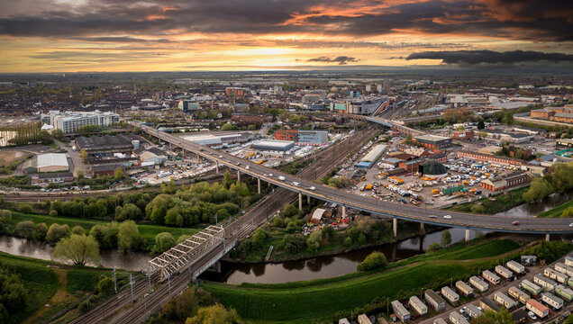 Aerial view of Doncaster city centre with transport links at sunset